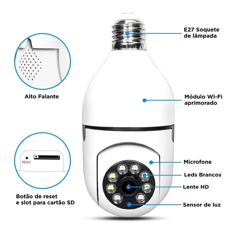 Câmera wifi sem fio giratória 360º com encaixe lâmpada bocal rosca yoosee ptz full HD visão noturna segurança - bivolt - Galeria Imports